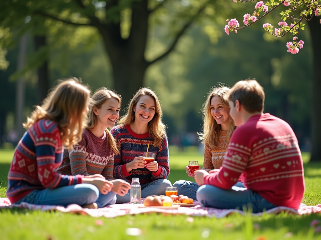 Grupa przyjaciół na pikniku w parku, rozmawiają i śmieją się, ubrani w swetry.